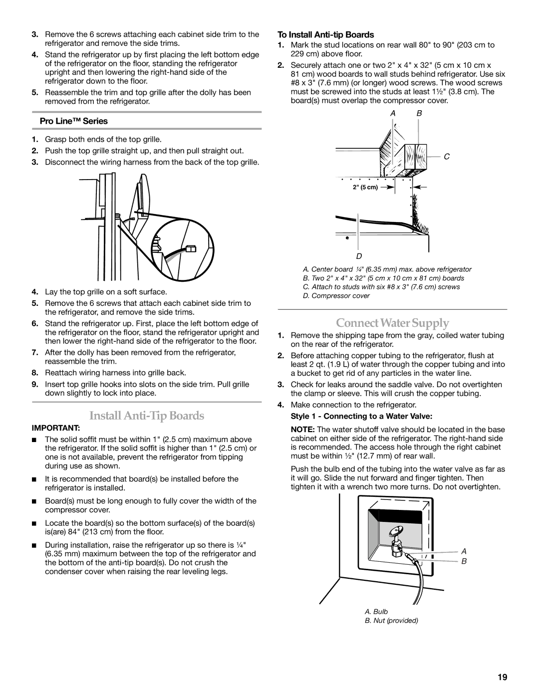 KitchenAid Refrigerator manual Install Anti-Tip Boards, Connect Water Supply, Pro Line Series, To Install Anti-tip Boards 