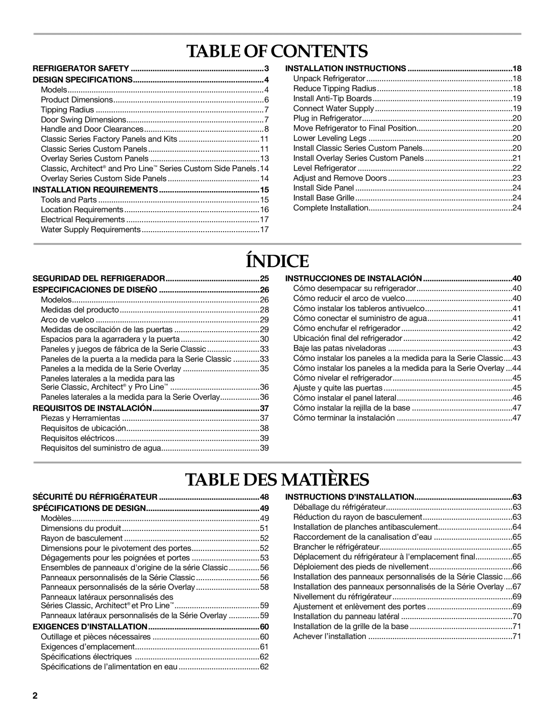 KitchenAid Refrigerator manual Table of Contents, Índice, Table DES Matières 