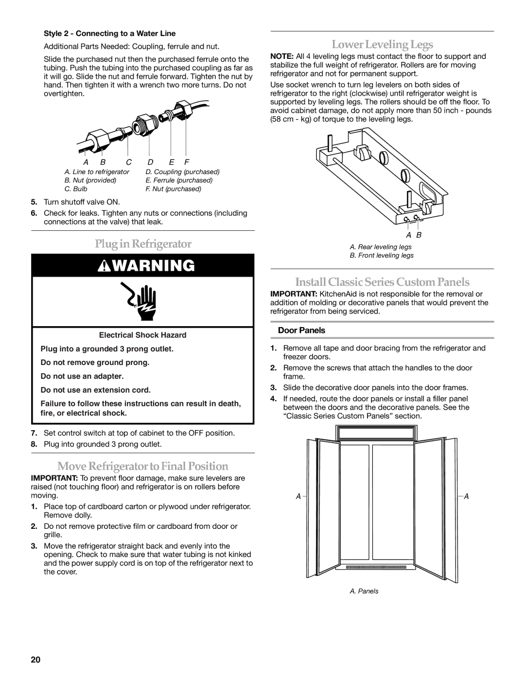 KitchenAid manual LowerLevelingLegs, Plug in Refrigerator, Move Refrigerator toFinal Position, Door Panels 