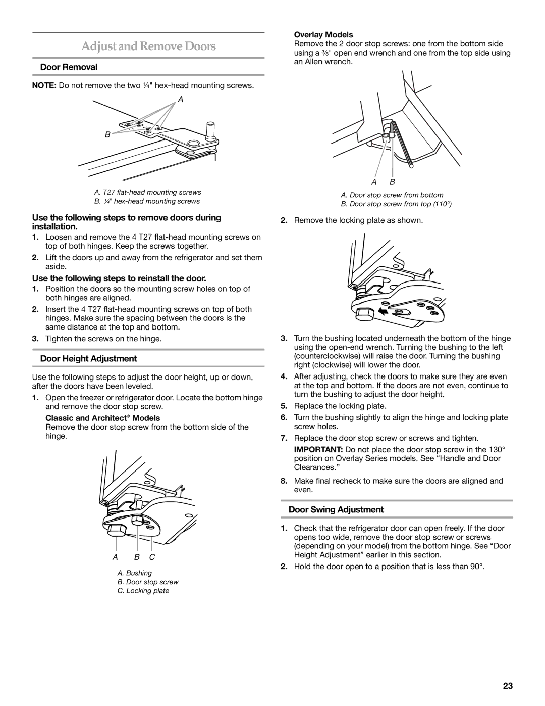 KitchenAid Refrigerator manual Adjustand Remove Doors 