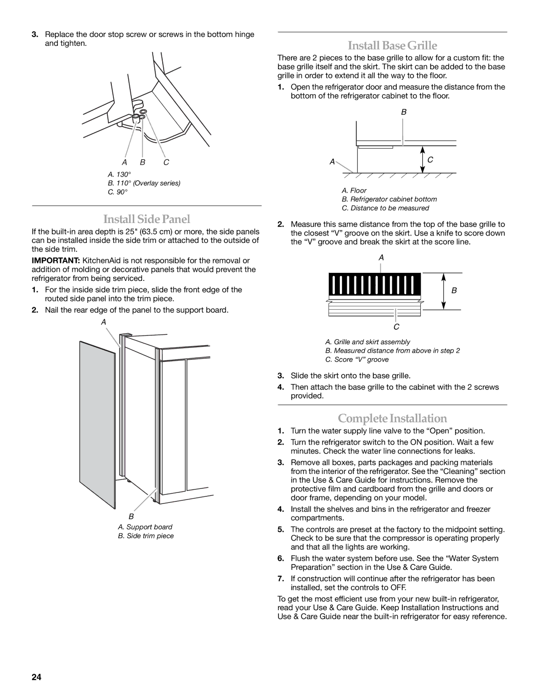 KitchenAid Refrigerator manual Install Side Panel, Install Base Grille, Complete Installation 