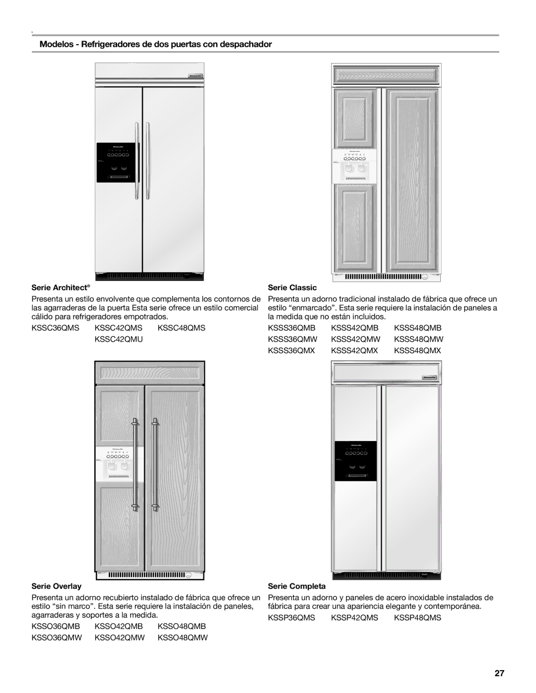 KitchenAid Refrigerator manual Modelos Refrigeradores de dos puertas con despachador, Serie Completa 