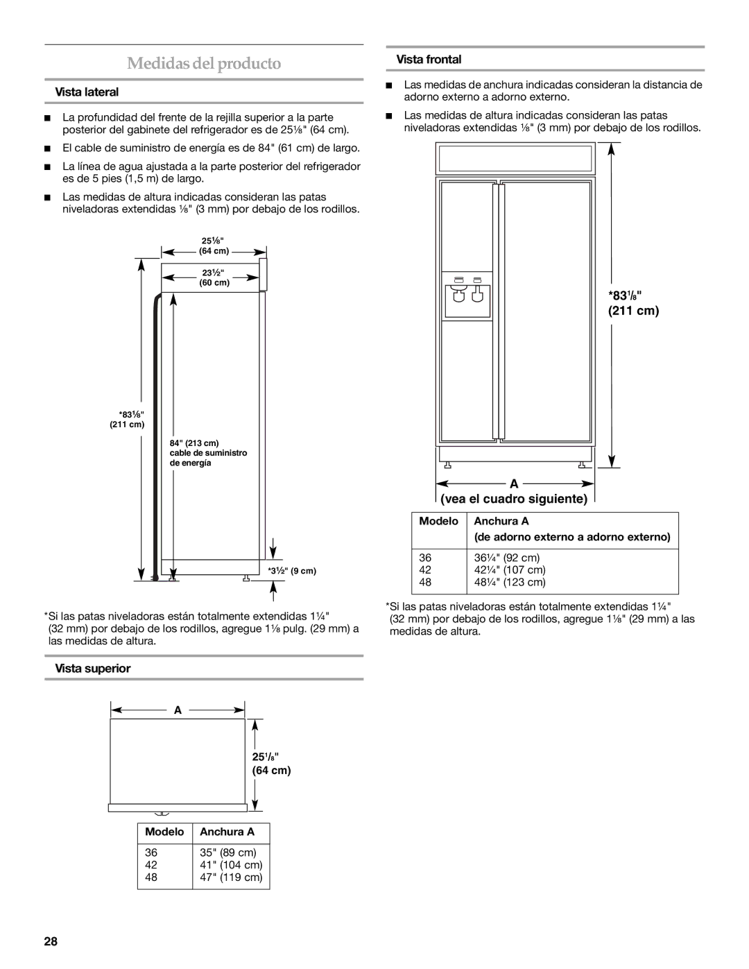 KitchenAid Refrigerator manual Medidasdel producto, Vista lateral, Vista superior, Vista frontal 