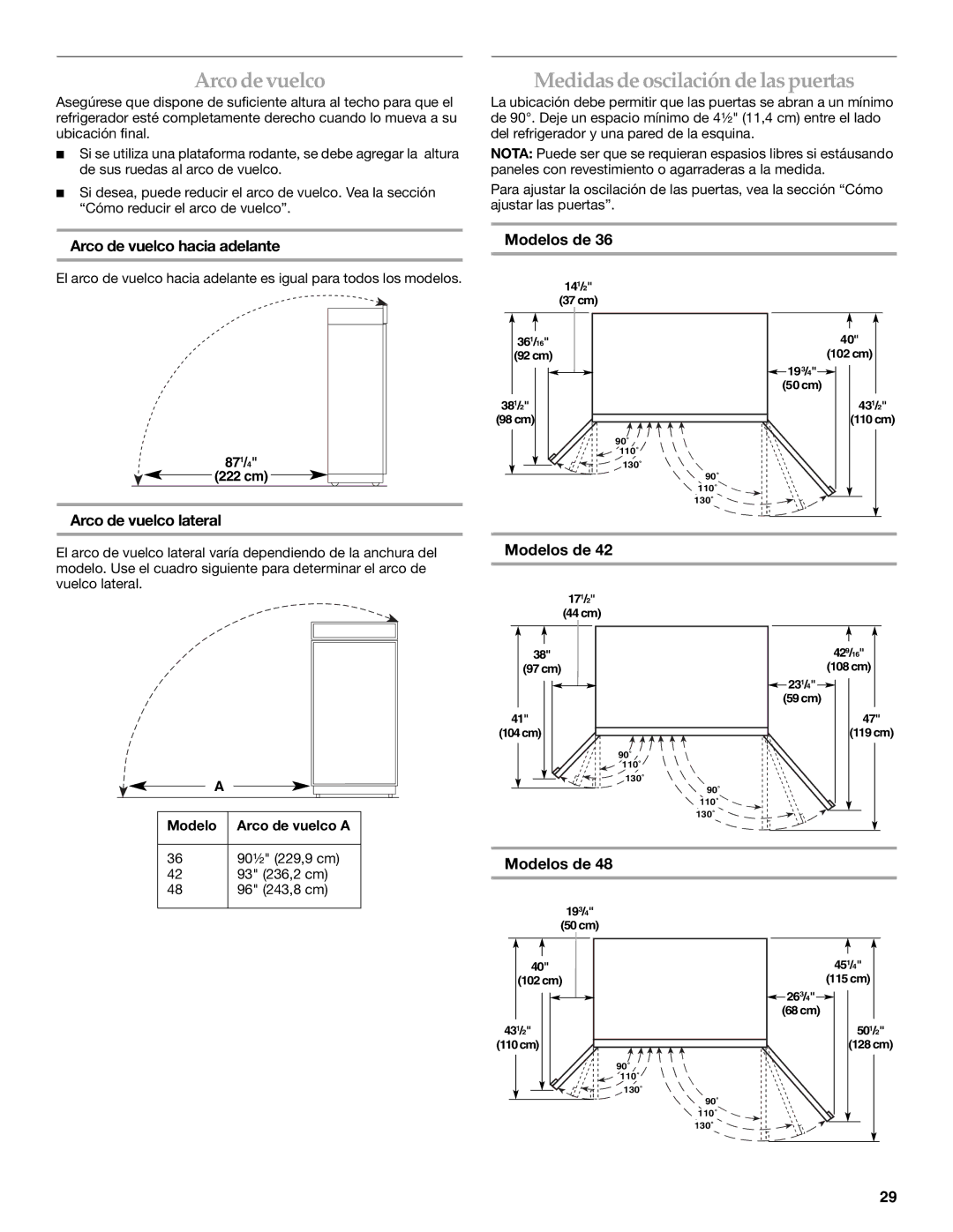 KitchenAid Refrigerator Arco devuelco, Medidas de oscilación de las puertas, Arco de vuelco hacia adelante Modelos de 