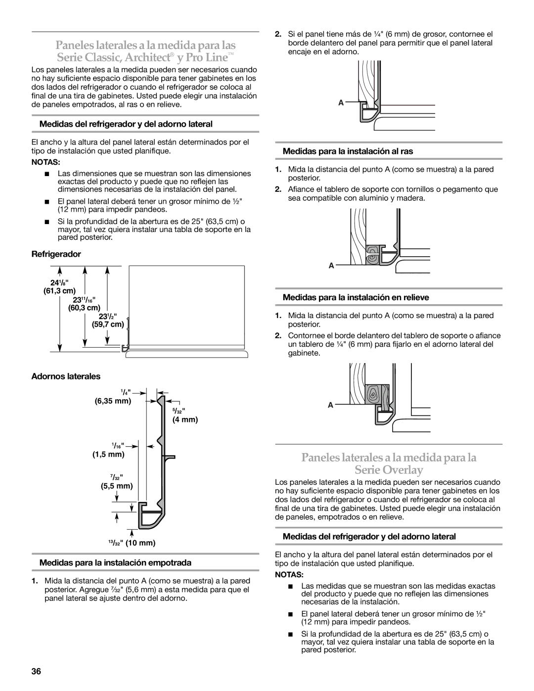 KitchenAid Refrigerator manual Paneles laterales a la medida para la Serie Overlay 