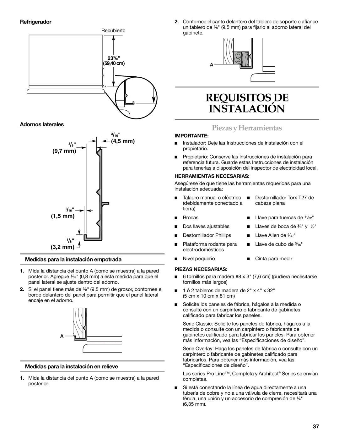 KitchenAid Refrigerator manual Requisitos DE Instalación, Piezas y Herramientas 