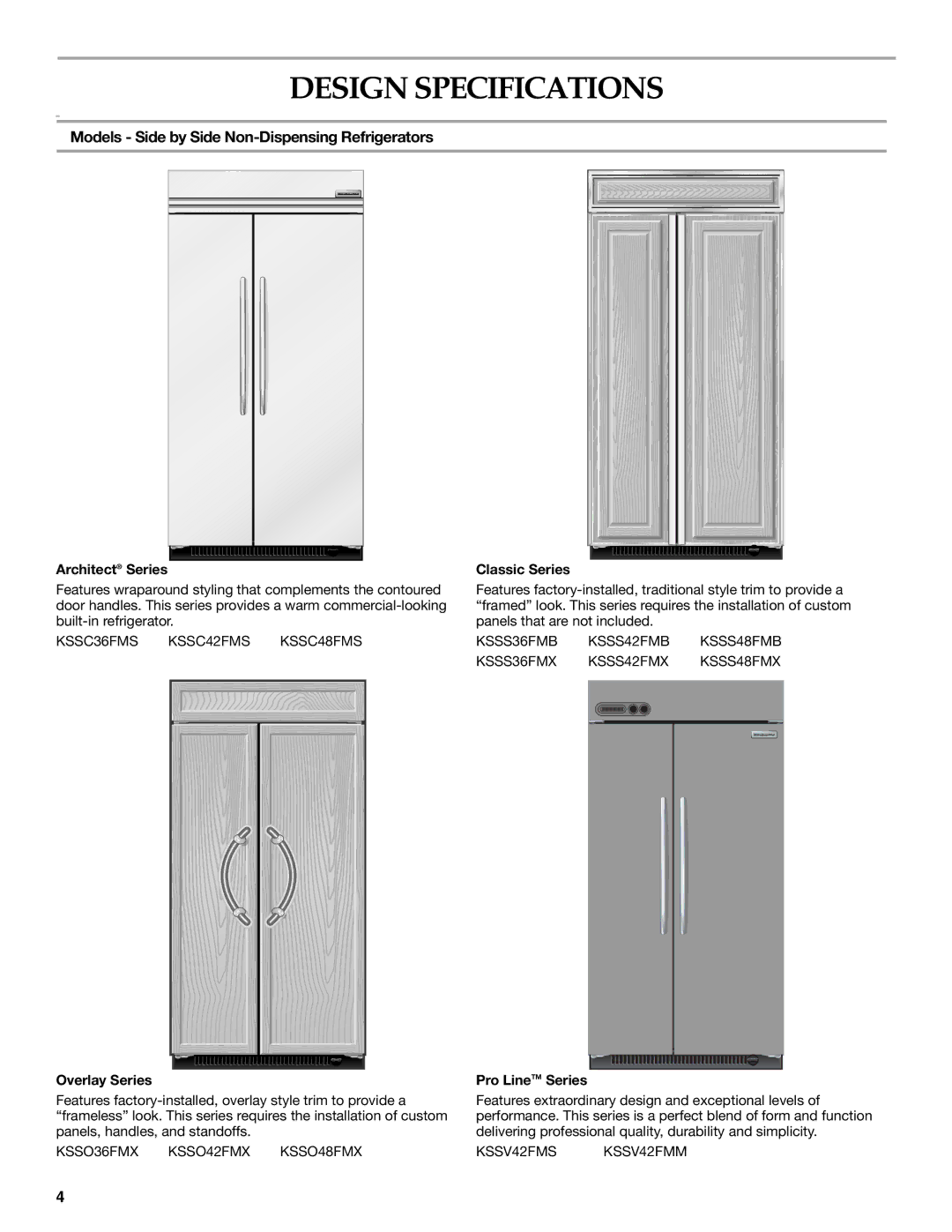 KitchenAid Design Specifications, Models Side by Side Non-Dispensing Refrigerators, Architect Series, Overlay Series 