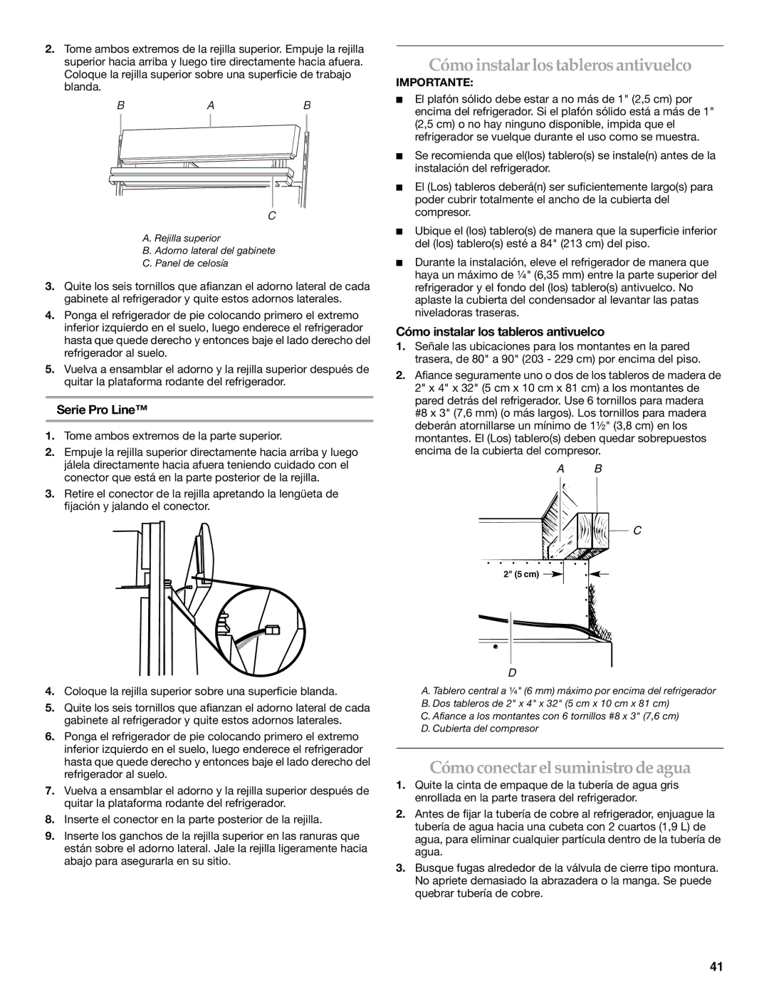 KitchenAid Refrigerator manual Cómo instalarlos tablerosantivuelco, Cómoconectar el suministro de agua, Serie Pro Line 