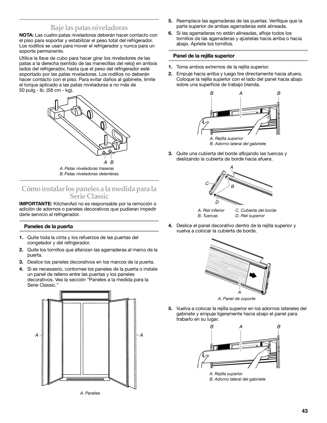 KitchenAid Refrigerator manual Baje las patas niveladoras, Cómo instalarlos panelesa la medida para la Serie Classic 