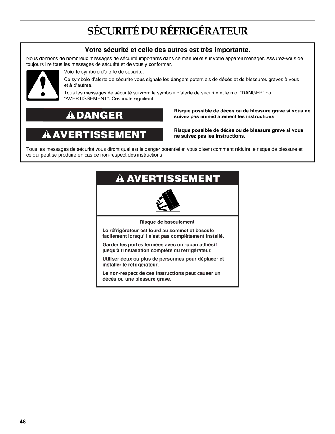 KitchenAid Refrigerator manual Sécurité DU Réfrigérateur, Votre sécurité et celle des autres est très importante 