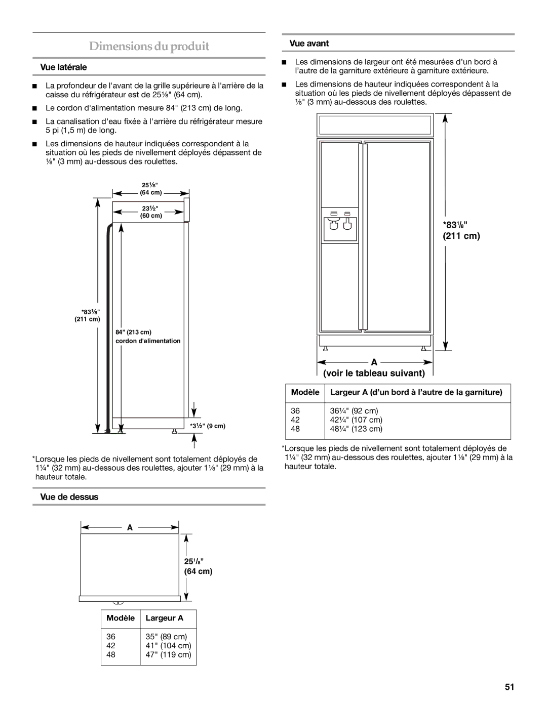 KitchenAid Refrigerator manual Dimensionsdu produit, Vue latérale, Vue avant, Vue de dessus 