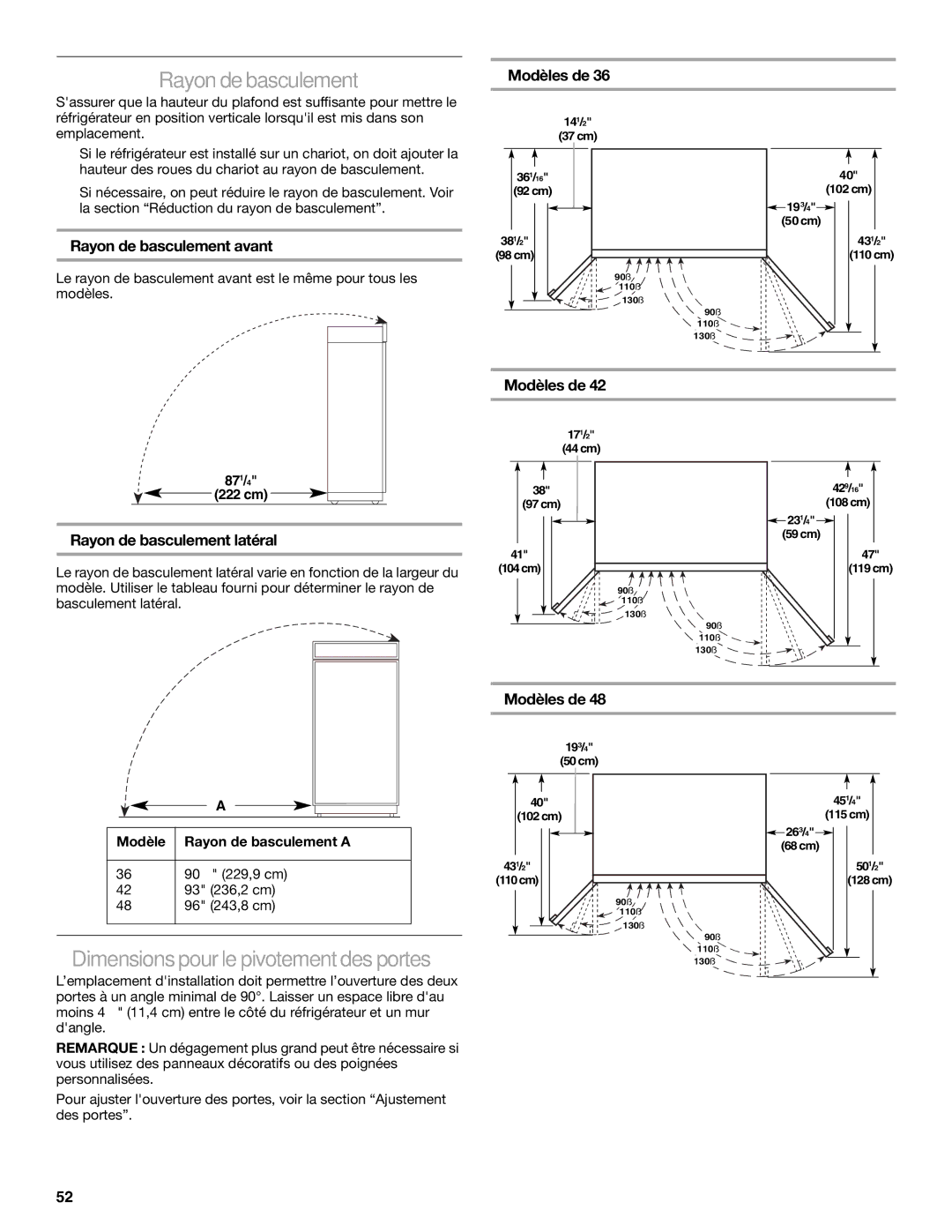 KitchenAid Refrigerator manual Rayon debasculement, Dimensionspourle pivotement des portes, Modèles de 