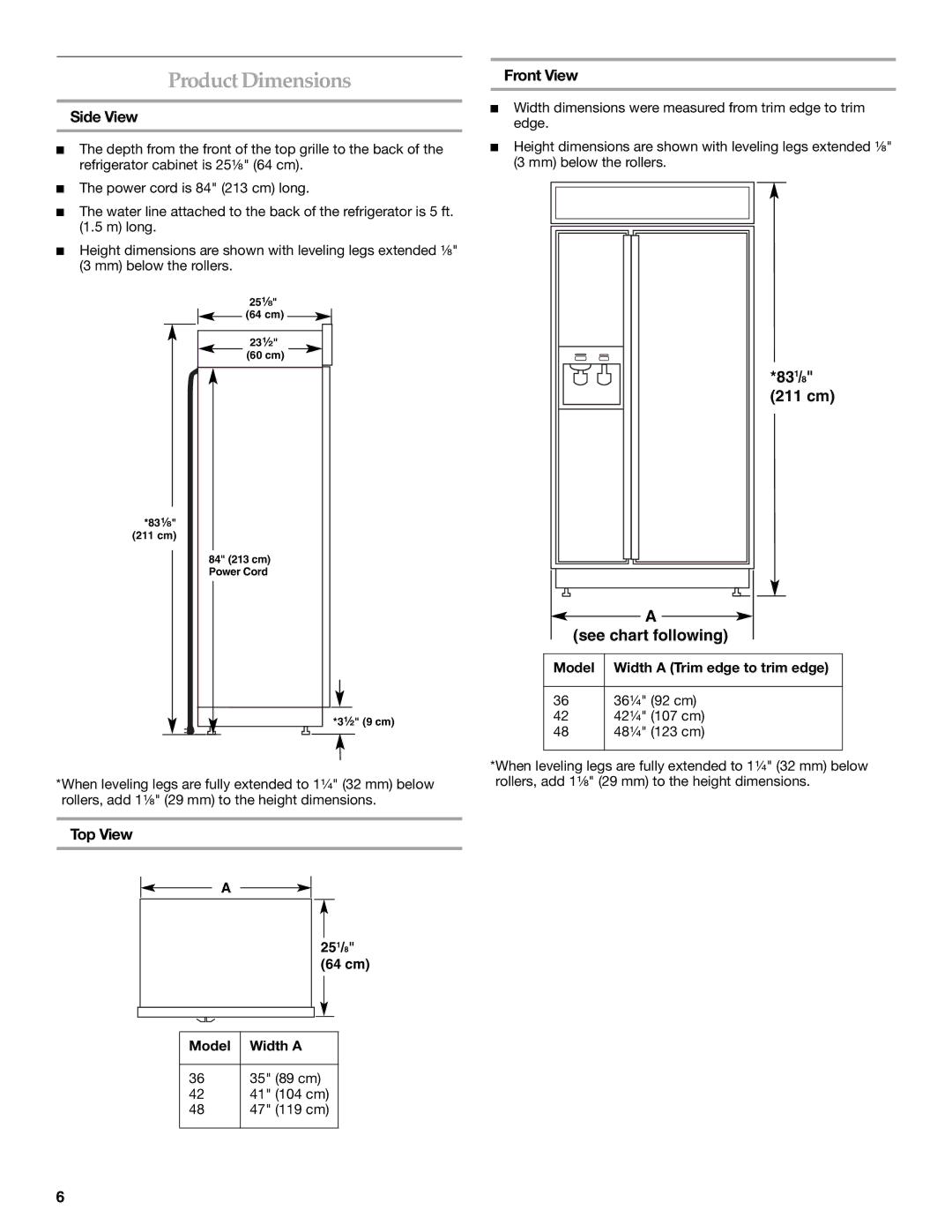 KitchenAid Refrigerator manual Product Dimensions, Side View, Front View, Top View, Model Width a Trim edge to trim edge 