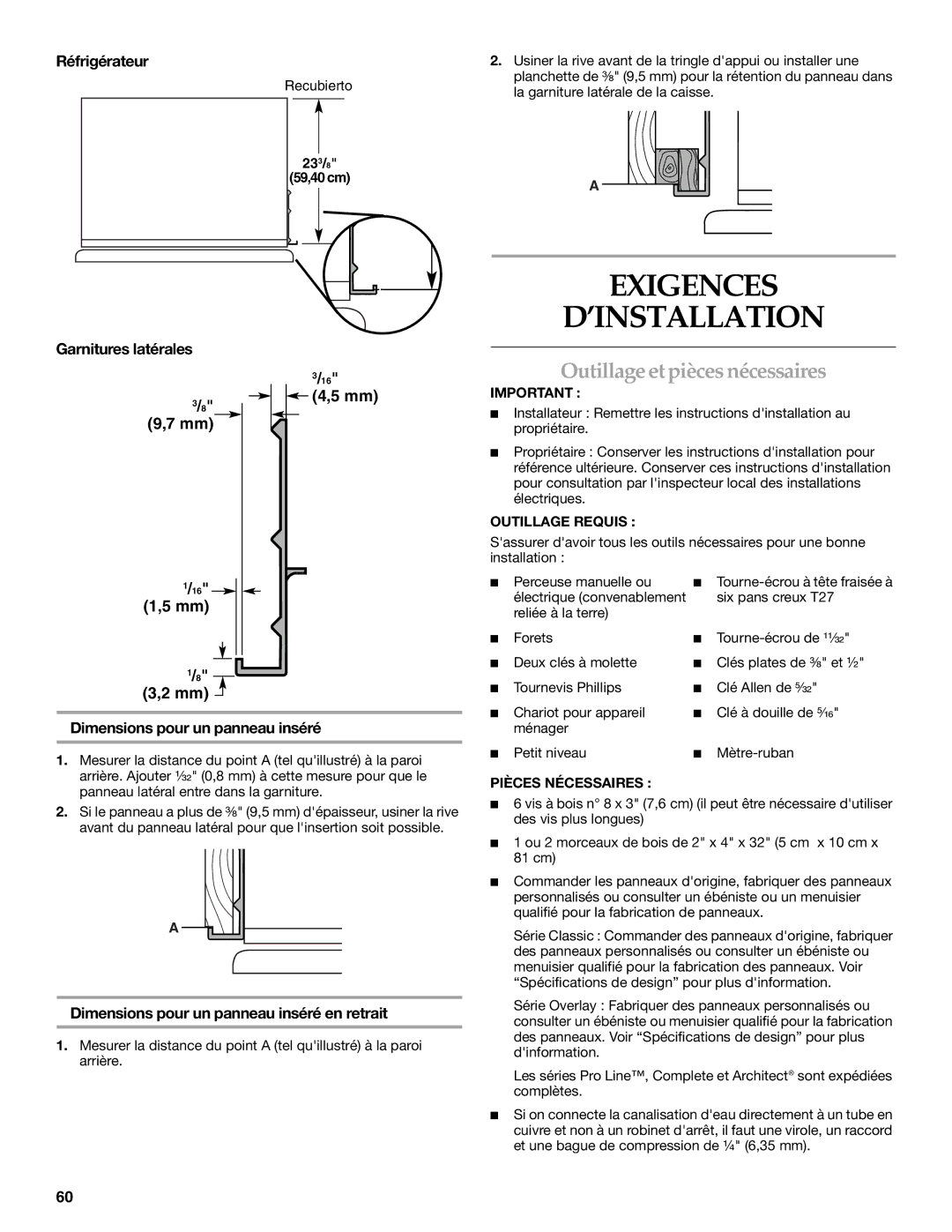 KitchenAid Refrigerator manual Exigences ’INSTALLATION, Outillage etpiècesnécessaires 