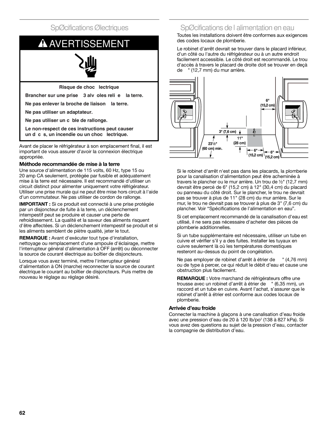 KitchenAid Refrigerator manual Spécifications électriques, Spécifications de l’alimentation en eau, Arrivée d’eau froide 