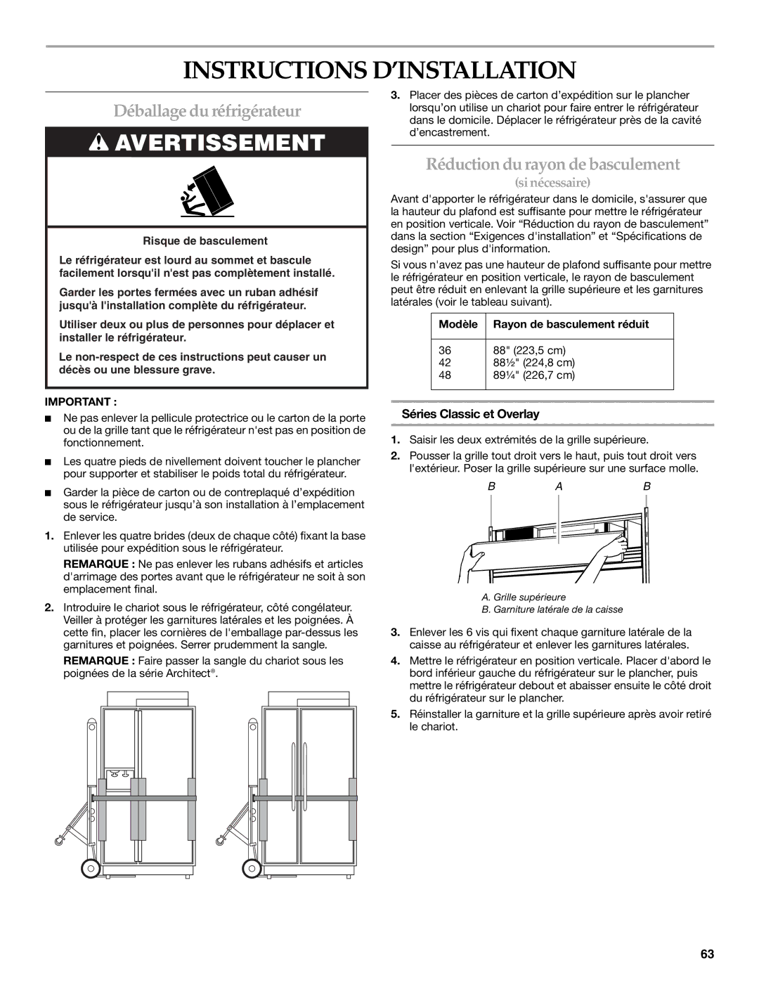 KitchenAid Refrigerator manual Instructions D’INSTALLATION, Déballage du réfrigérateur, Réduction du rayon de basculement 