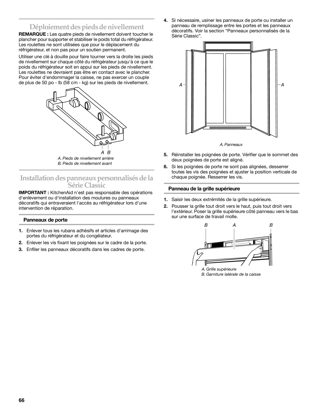 KitchenAid Refrigerator Déploiement despiedsde nivellement, Installation des panneaux personnalisés de la Série Classic 