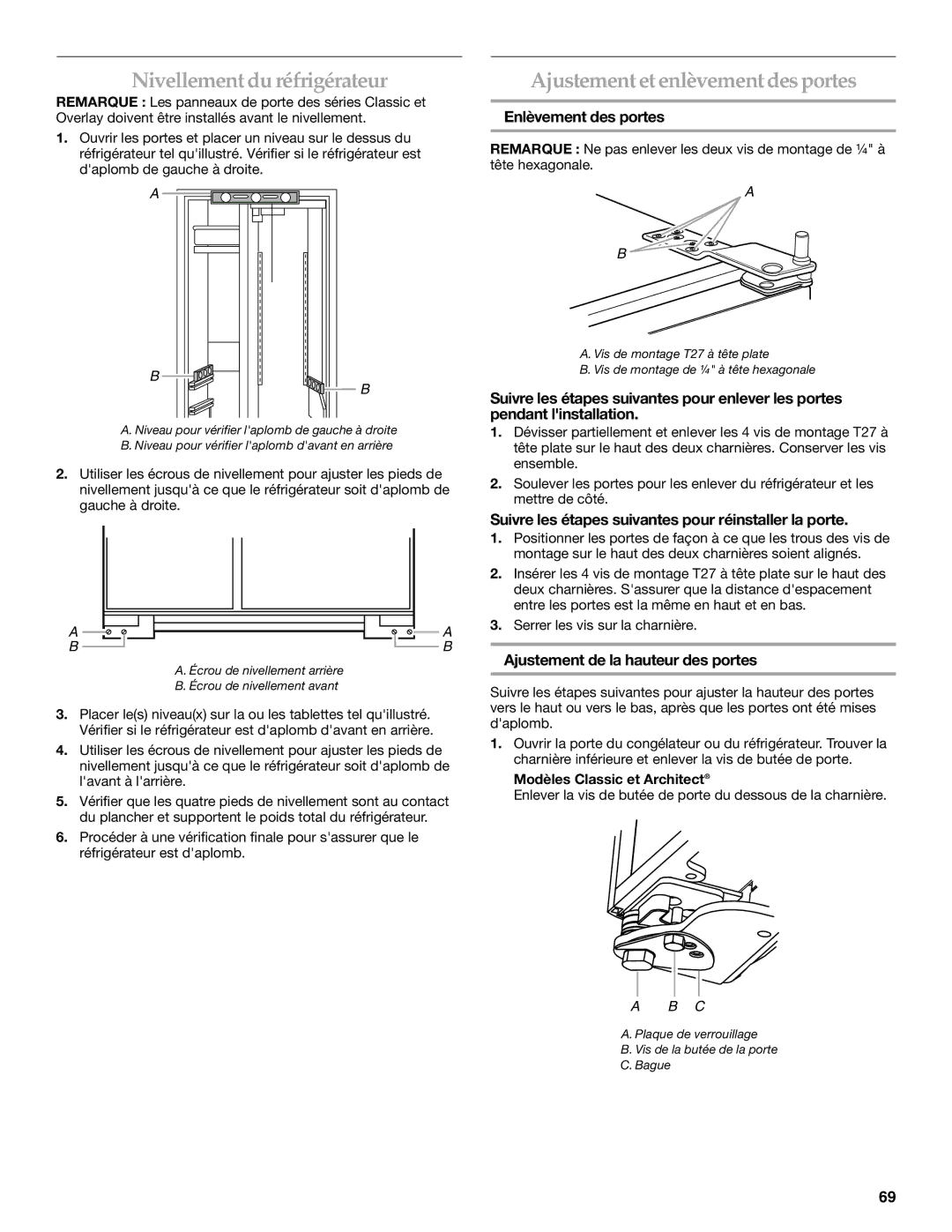 KitchenAid Refrigerator manual Nivellementdu réfrigérateur, Ajustementetenlèvement desportes, Enlèvement des portes 