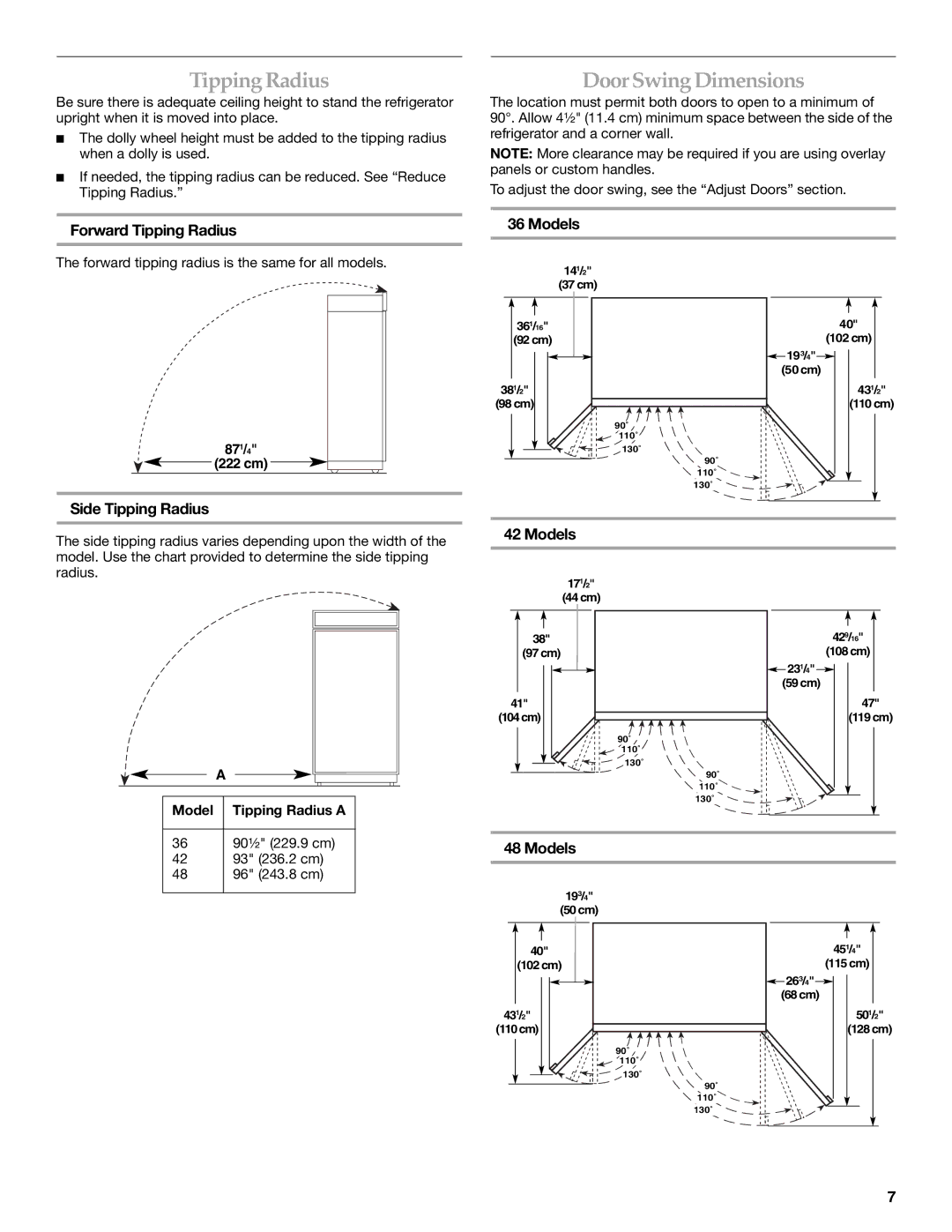 KitchenAid Refrigerator manual DoorSwing Dimensions, Forward Tipping Radius, Models, Side Tipping Radius 