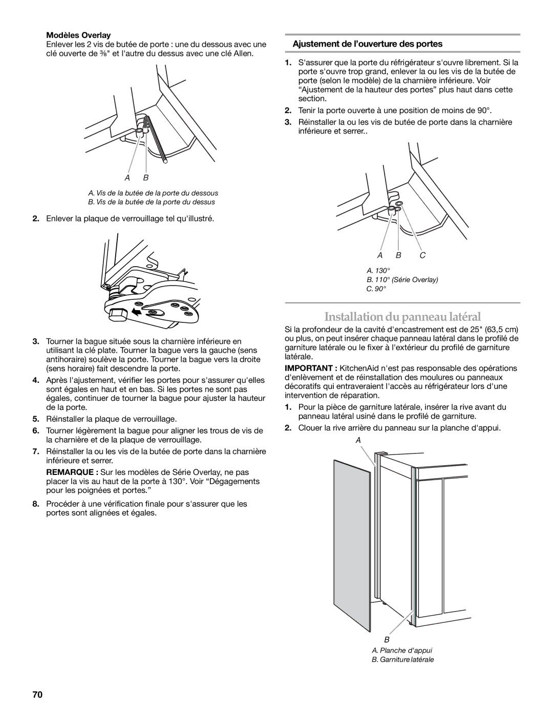 KitchenAid Refrigerator manual Installation du panneau latéral, Ajustement de l’ouverture des portes, Modèles Overlay 