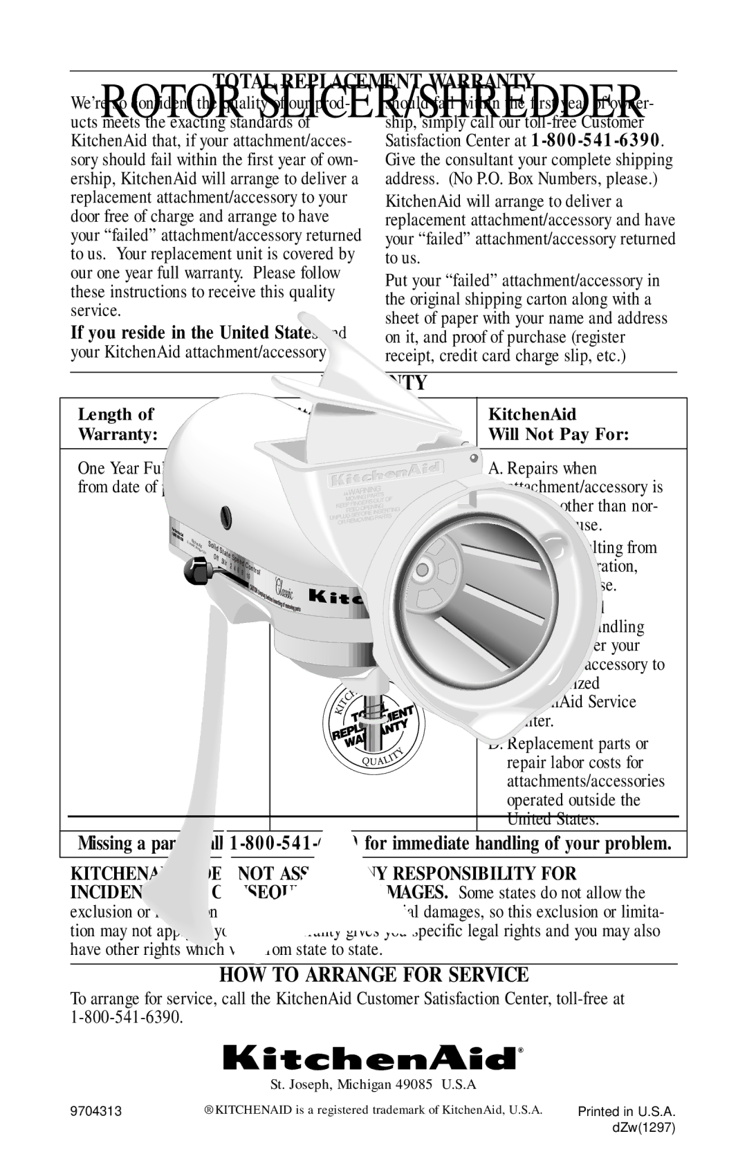 KitchenAid RVSA manual Total Replacement Warranty, HOW to Arrange for Service 