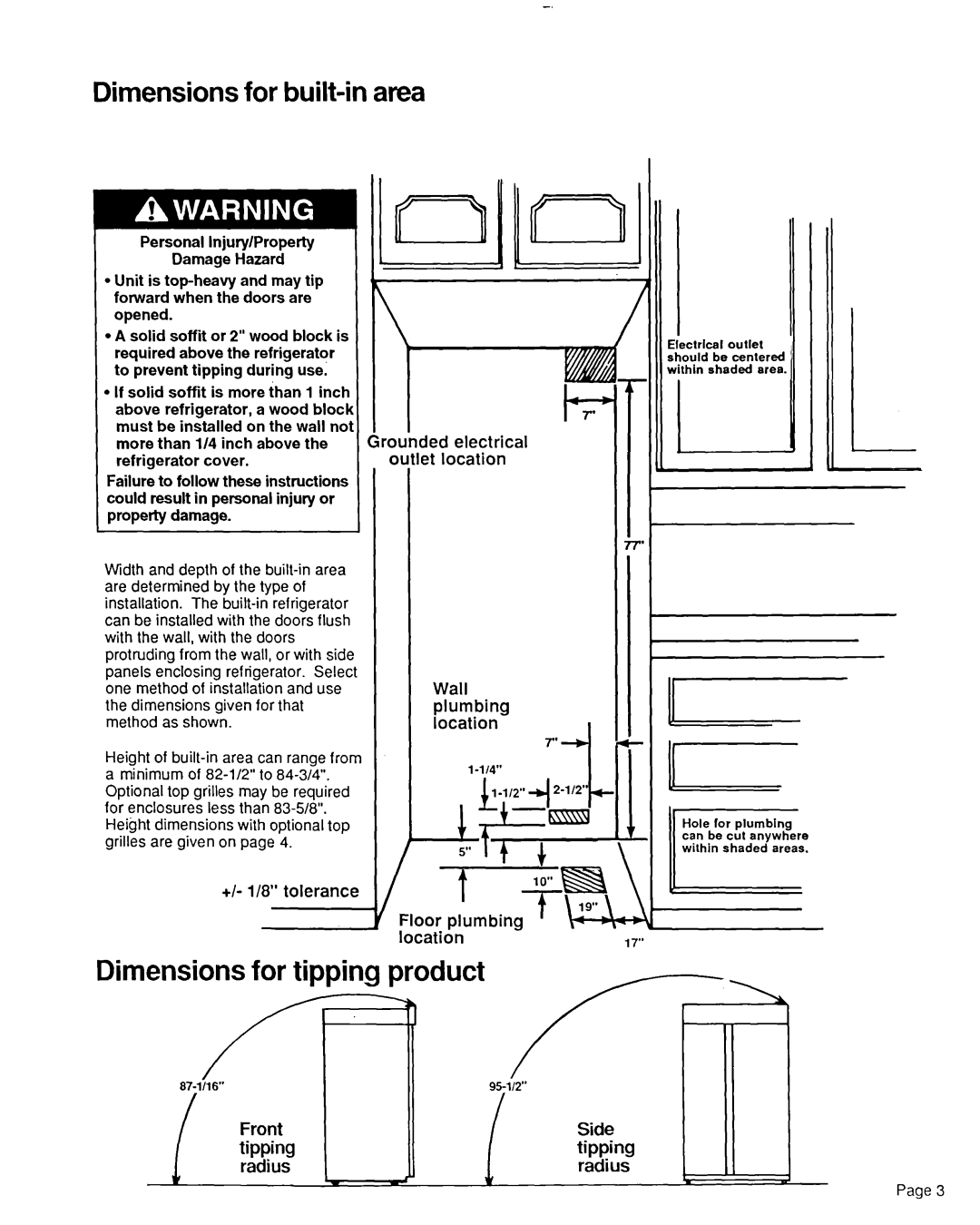 KitchenAid S-302 installation instructions Dimensions for built-in area, Dimensions for tipping product, +I- 118 tolerance 