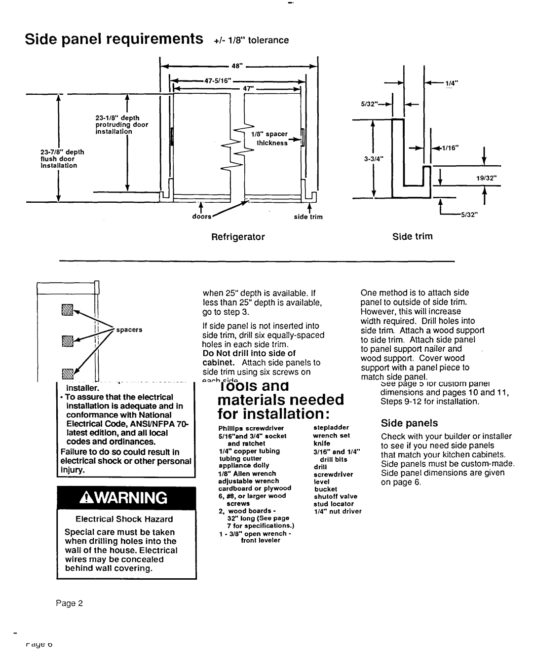 KitchenAid S-302 installation instructions Side panel requirements, +I- IW tolerance, Refrigerator Side trim 