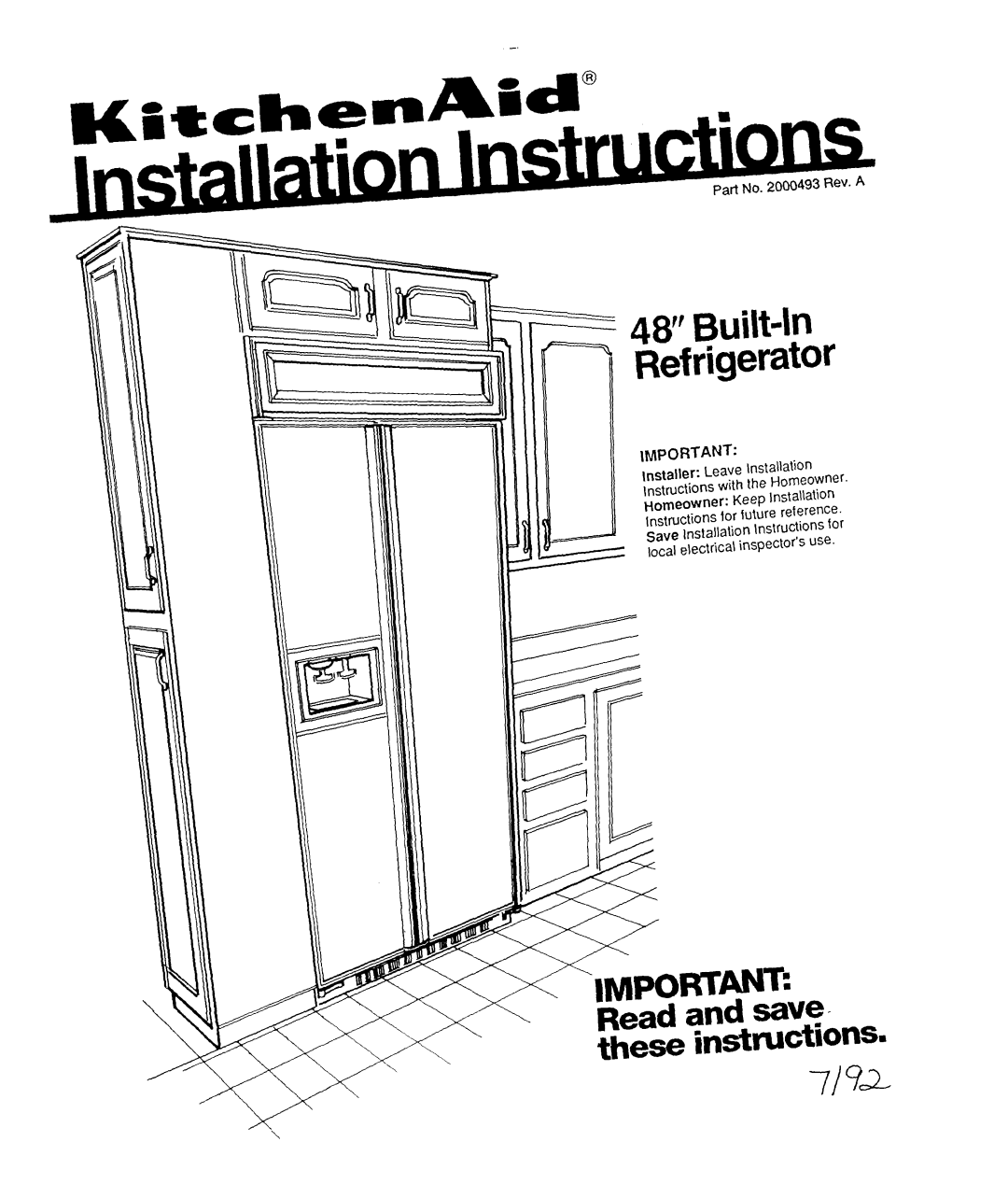 KitchenAid S-302 installation instructions Refrigerator, 4~. &ilkIn 
