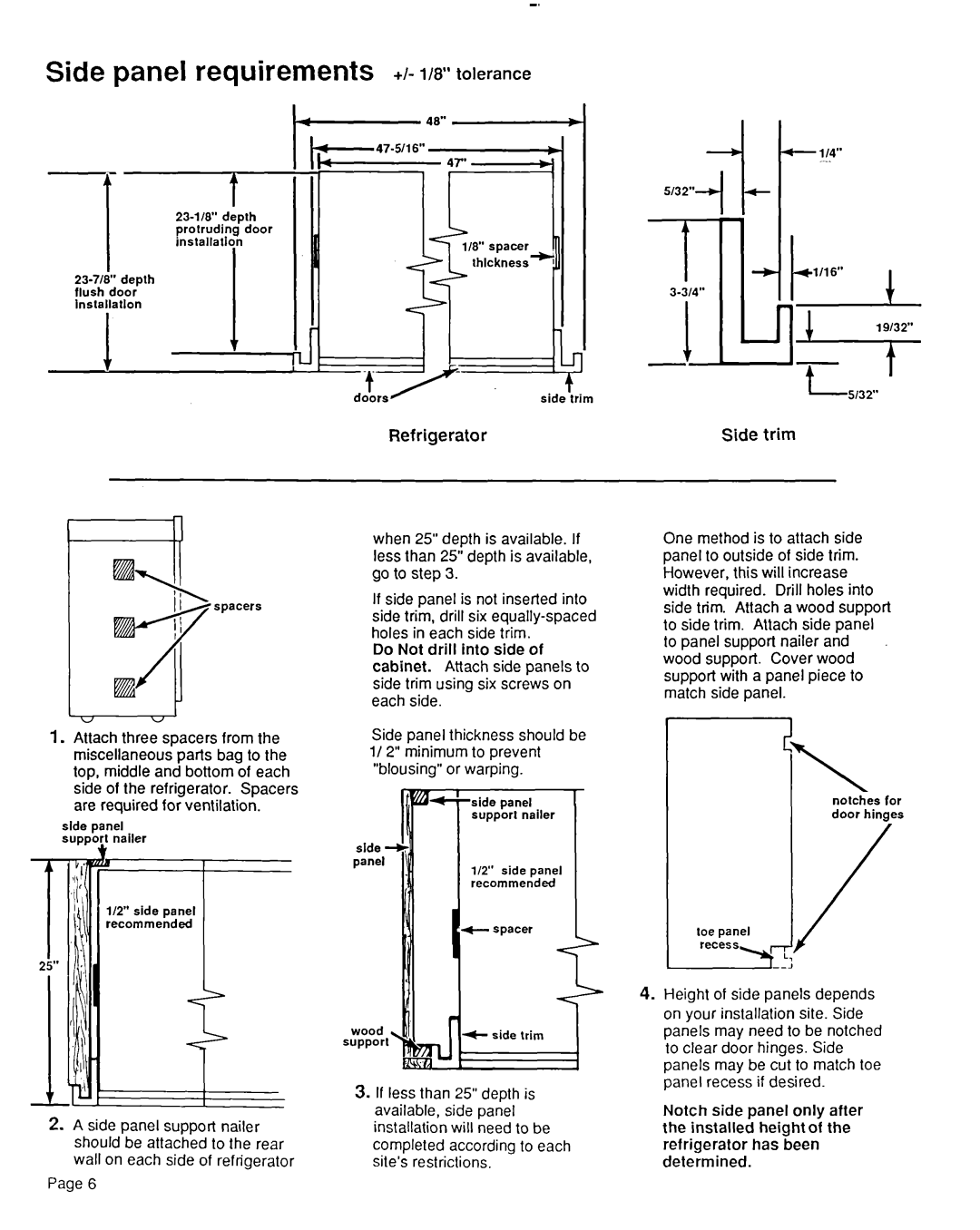 KitchenAid S-302 installation instructions Side panel requirements, 23-718” depth flush door inslallaflon 