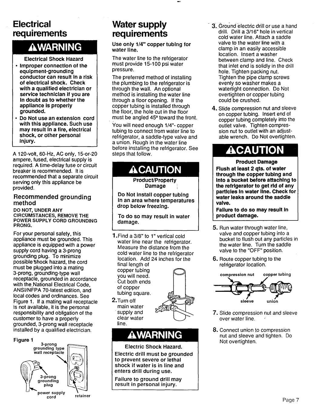 KitchenAid S-302 installation instructions Recommended grounding method, Electrical requirements, Water supply requirements 