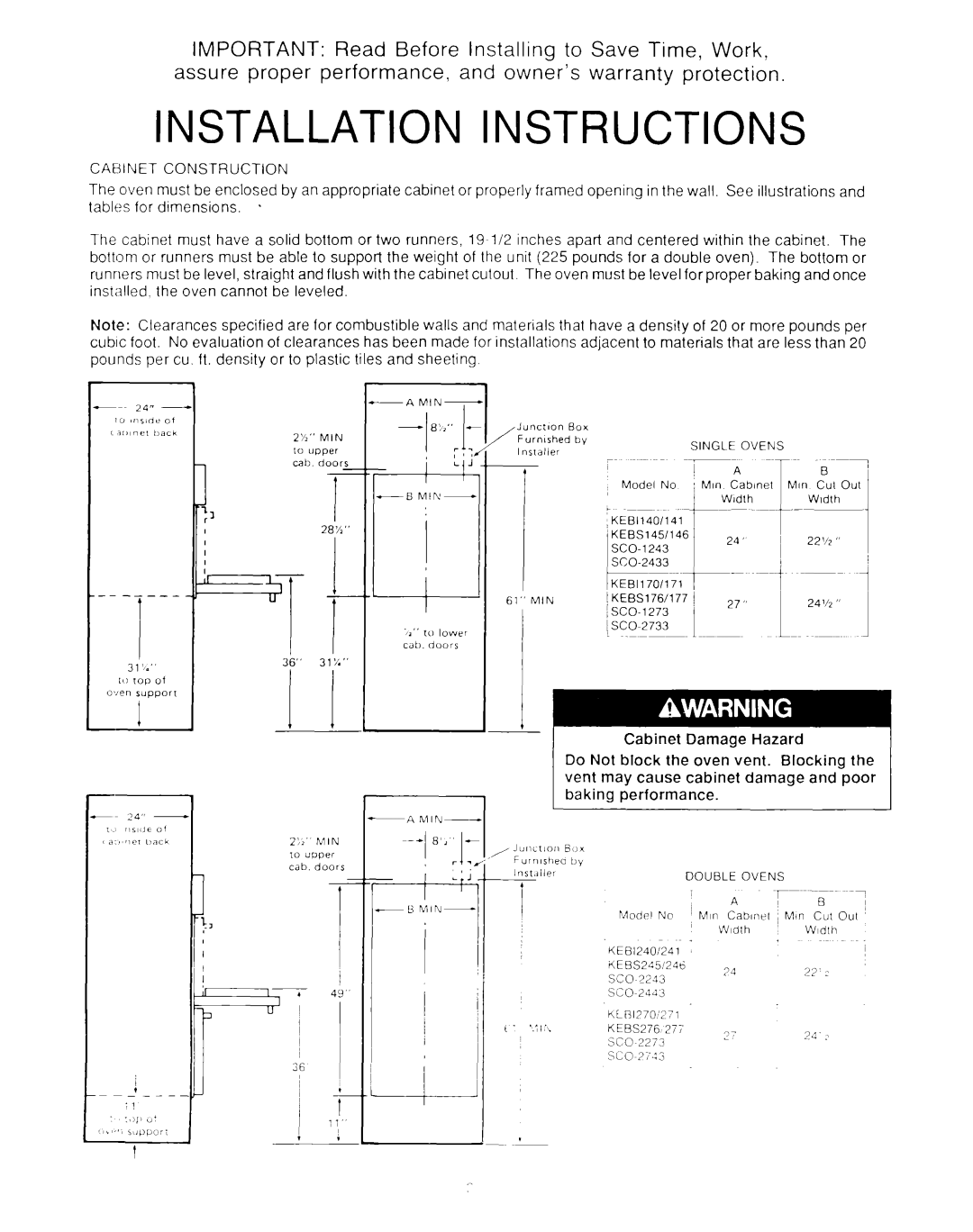 KitchenAid SCO-2743, SCO-2443, SCO-2433, SCO-2733, SCO-1273, SCO-1243, SCO-2273 Installation Instructions, Cabinet Construction 