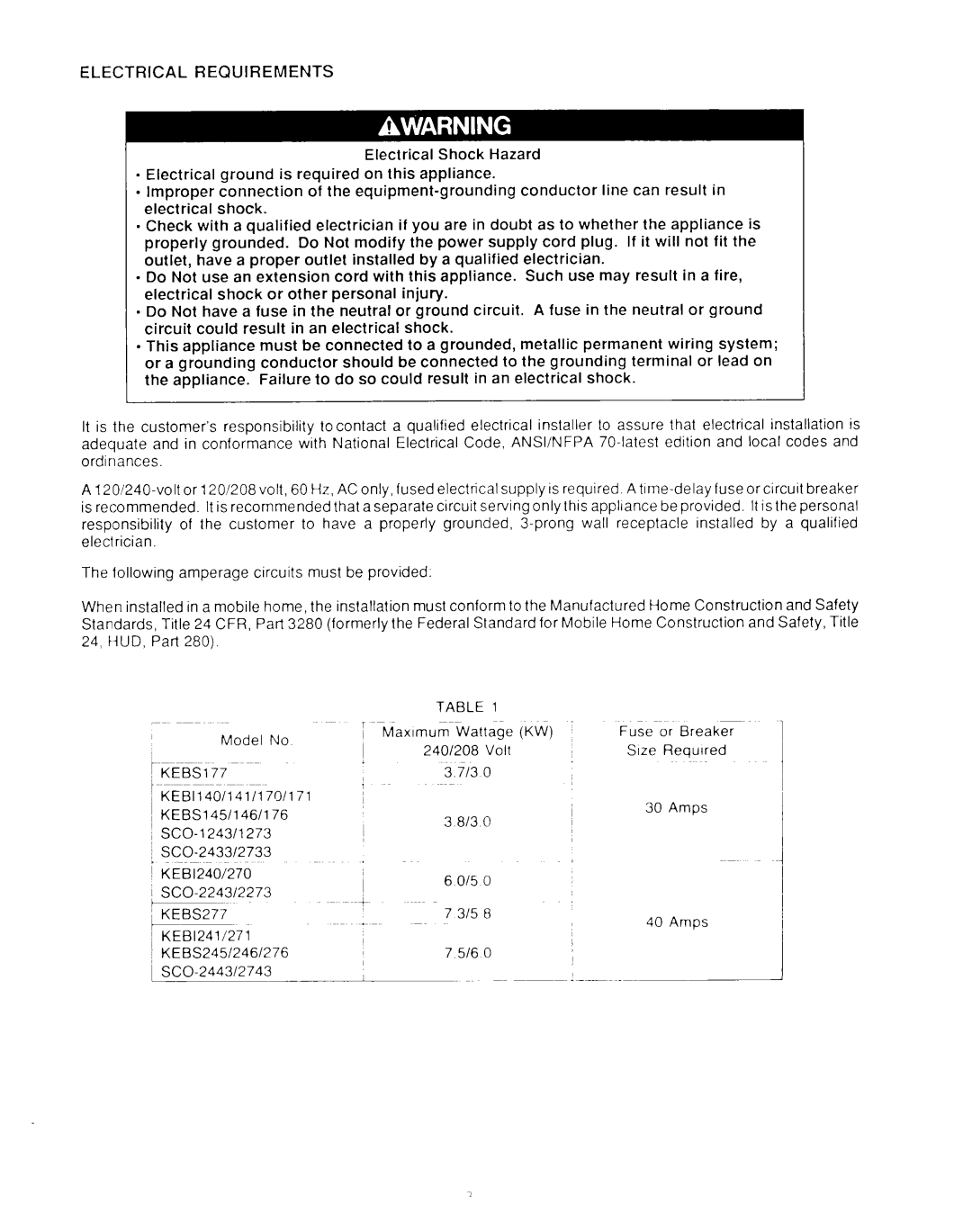 KitchenAid SCO-2733, SCO-2443, SCO-2433, SCO-2743, SCO-1273, SCO-1243, SCO-2273 Electrical Requirements, KEBS177, KEBS277 