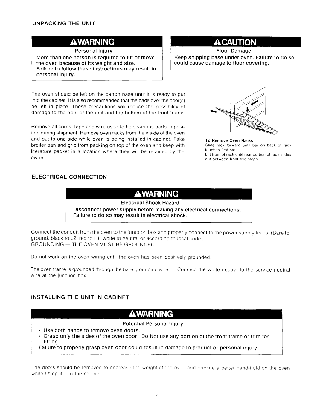 KitchenAid SCO-1273, SCO-2443, SCO-2433, SCO-2743 Unpacking the Unit, Electrical Connection, Installing the Unit in Cabinet 