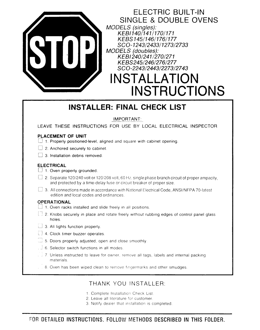 KitchenAid SCO-2433 installation instructions MODELS singles KEt31140/141/170/171 KEBS145/146/176/177, Thank You Installer 
