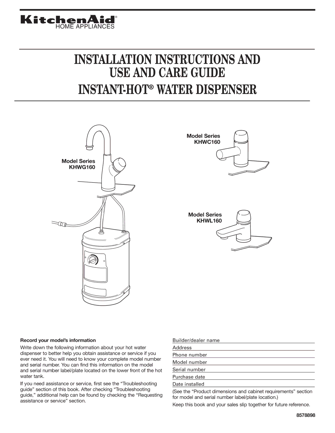 KitchenAid Series KHWG160 installation instructions Model Series, Record your model’s information, 85788981 