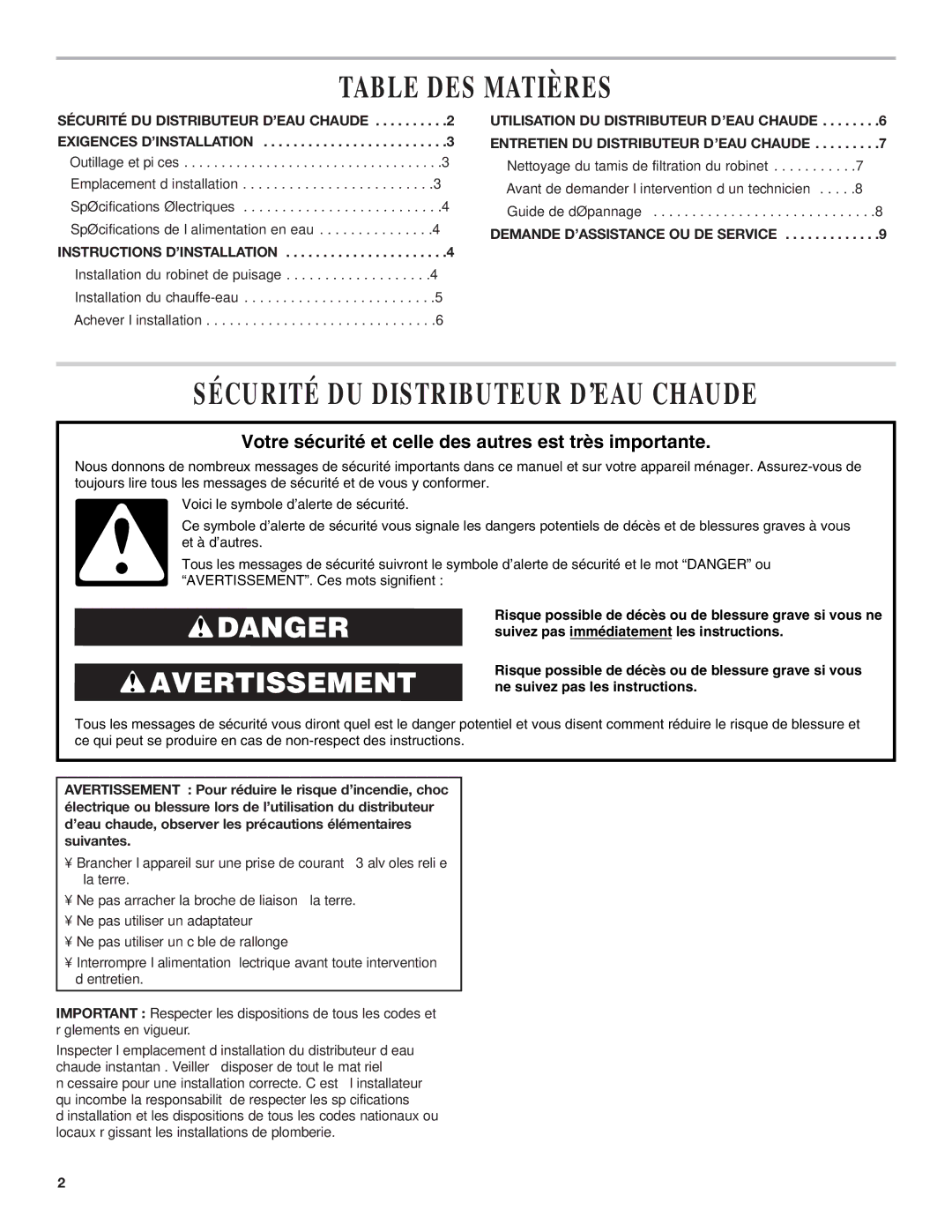 KitchenAid Series KHWG160 Table DES Matières, Sécurité DU Distributeur D’EAU Chaude, Instructions D’INSTALLATION 