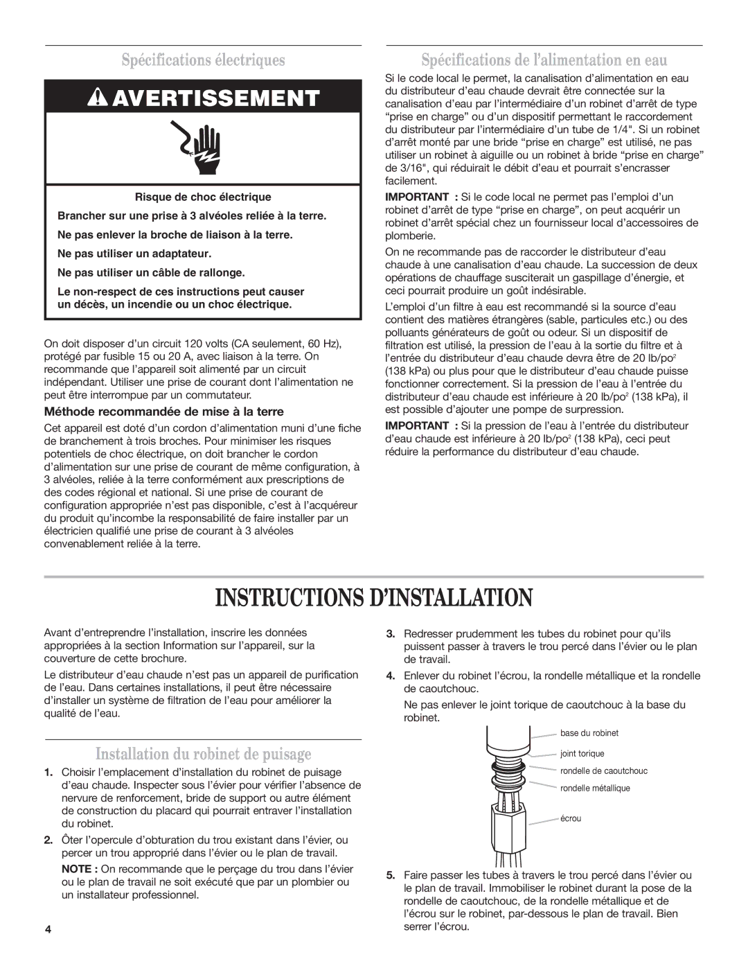 KitchenAid Series KHWG160 Instructions D’INSTALLATION, Spécifications électriques, Spécifications de l’alimentation en eau 