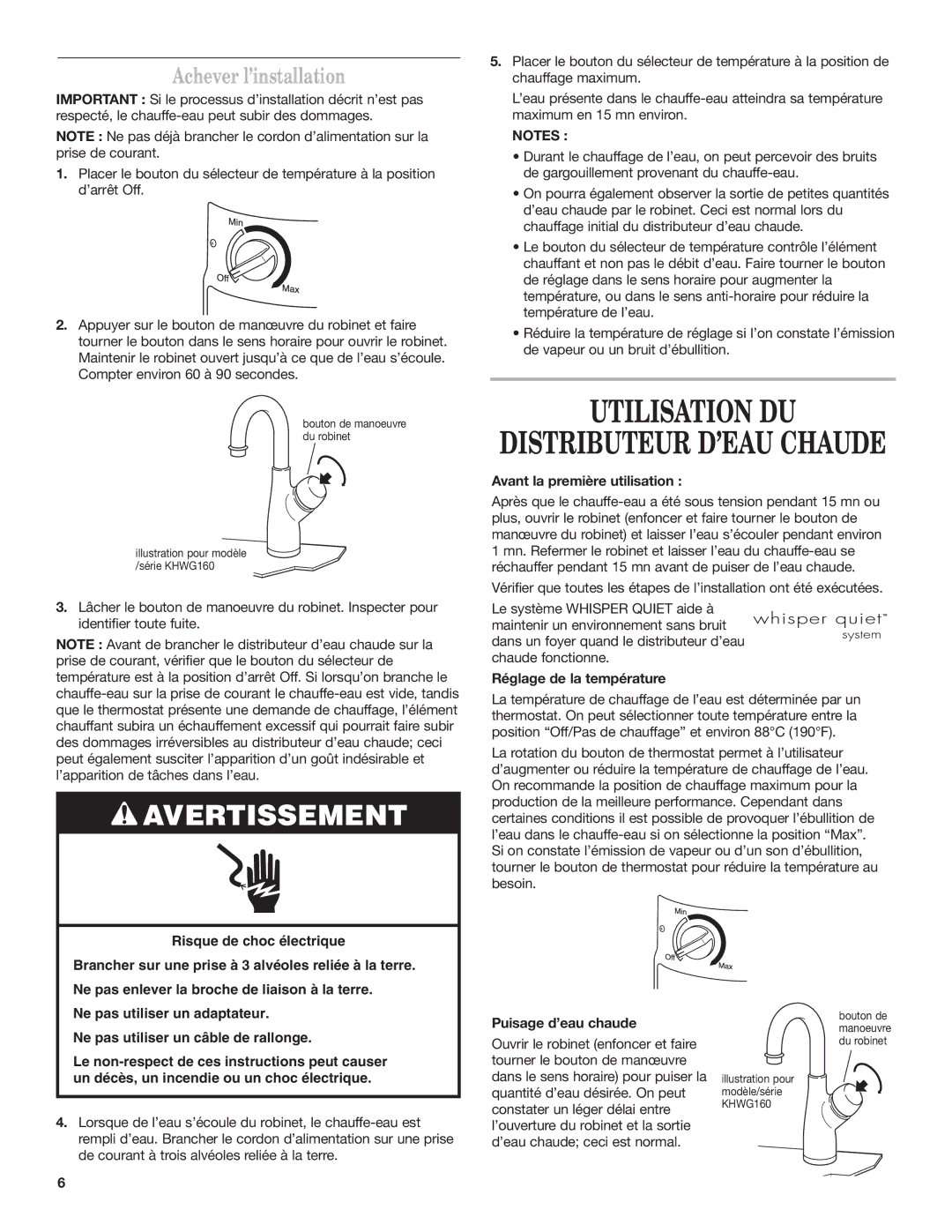 KitchenAid Series KHWG160 Utilisation DU, Achever l’installation, Avant la première utilisation, Réglage de la température 