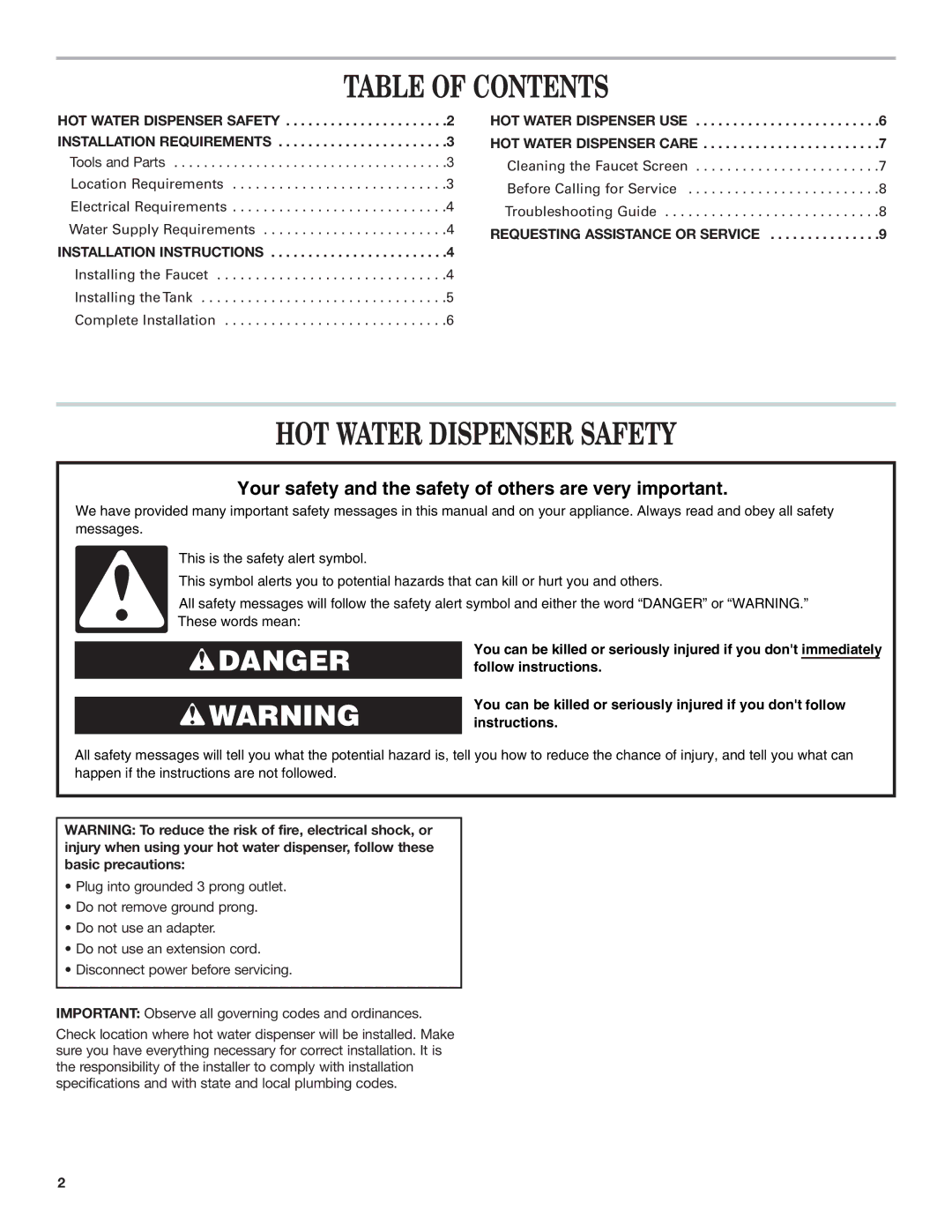 KitchenAid Series KHWG160 installation instructions Table of Contents, HOT Water Dispenser Safety 