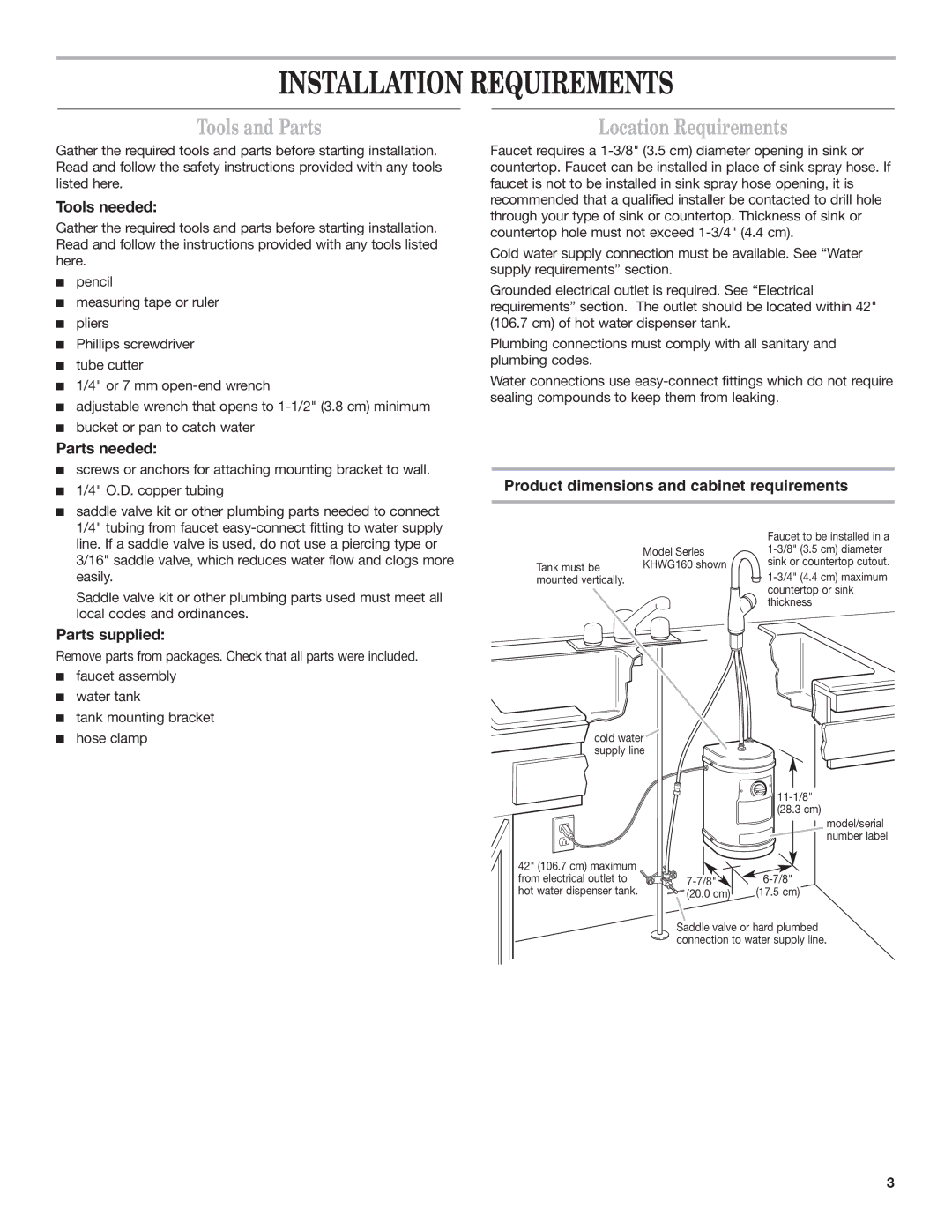 KitchenAid Series KHWG160 installation instructions Installation Requirements, Tools and Parts, Location Requirements 