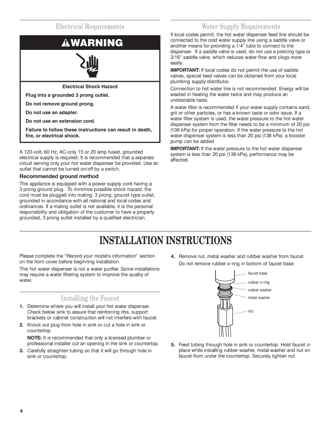 KitchenAid Series KHWG160 Installation Instructions, Electrical Requirements, Water Supply Requirements 