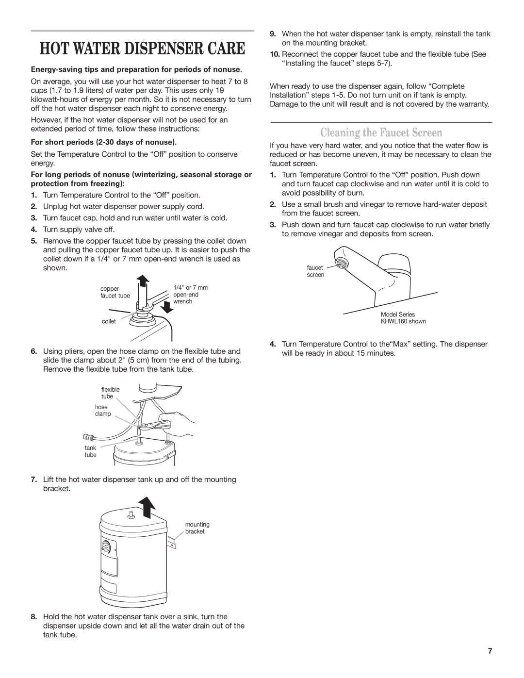 KitchenAid Series KHWG160 Cleaning the Faucet Screen, Energy-saving tips and preparation for periods of nonuse 