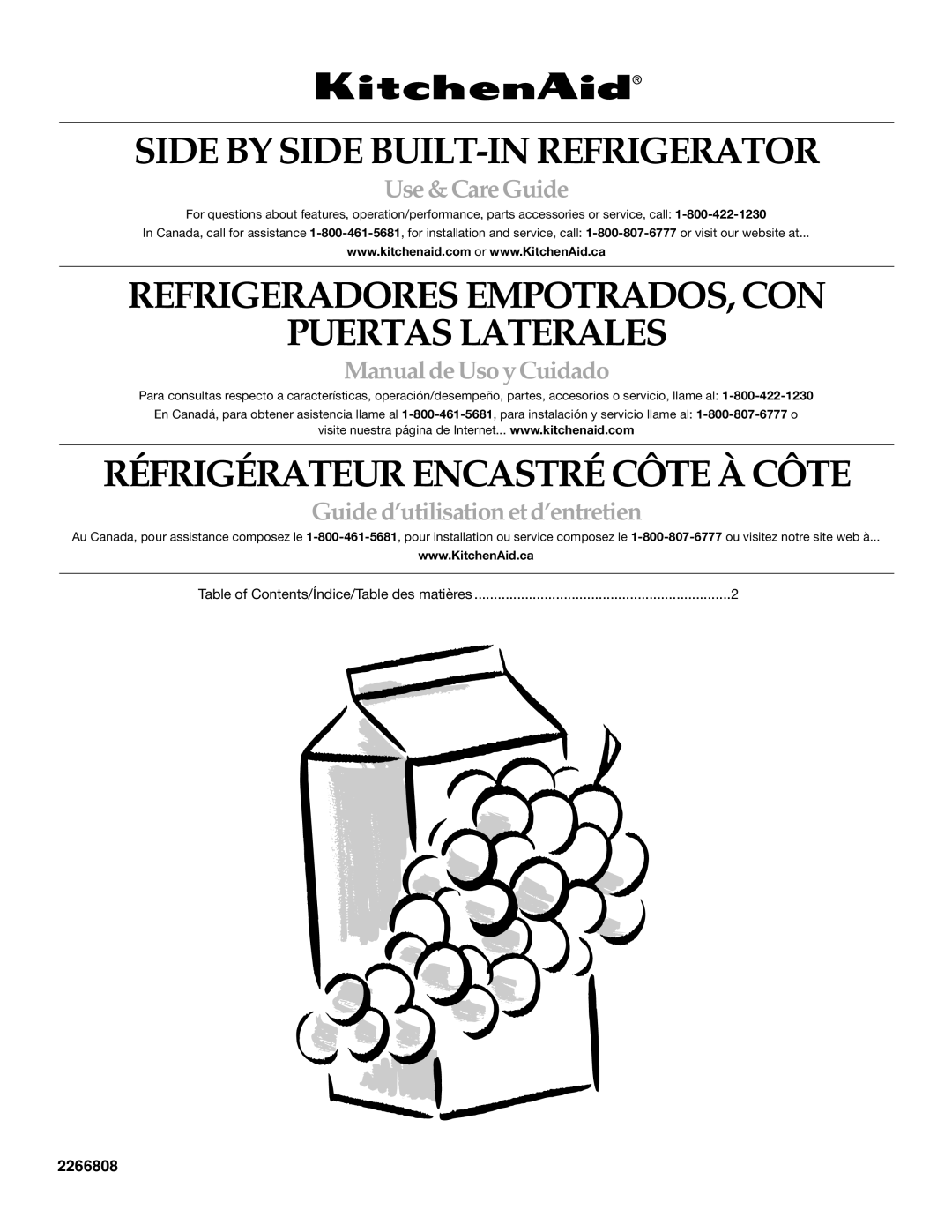 KitchenAid Side-by-Side Referigerator manual Side by Side BUILT-IN Refrigerator, Réfrigérateur Encastré Côte À Côte 