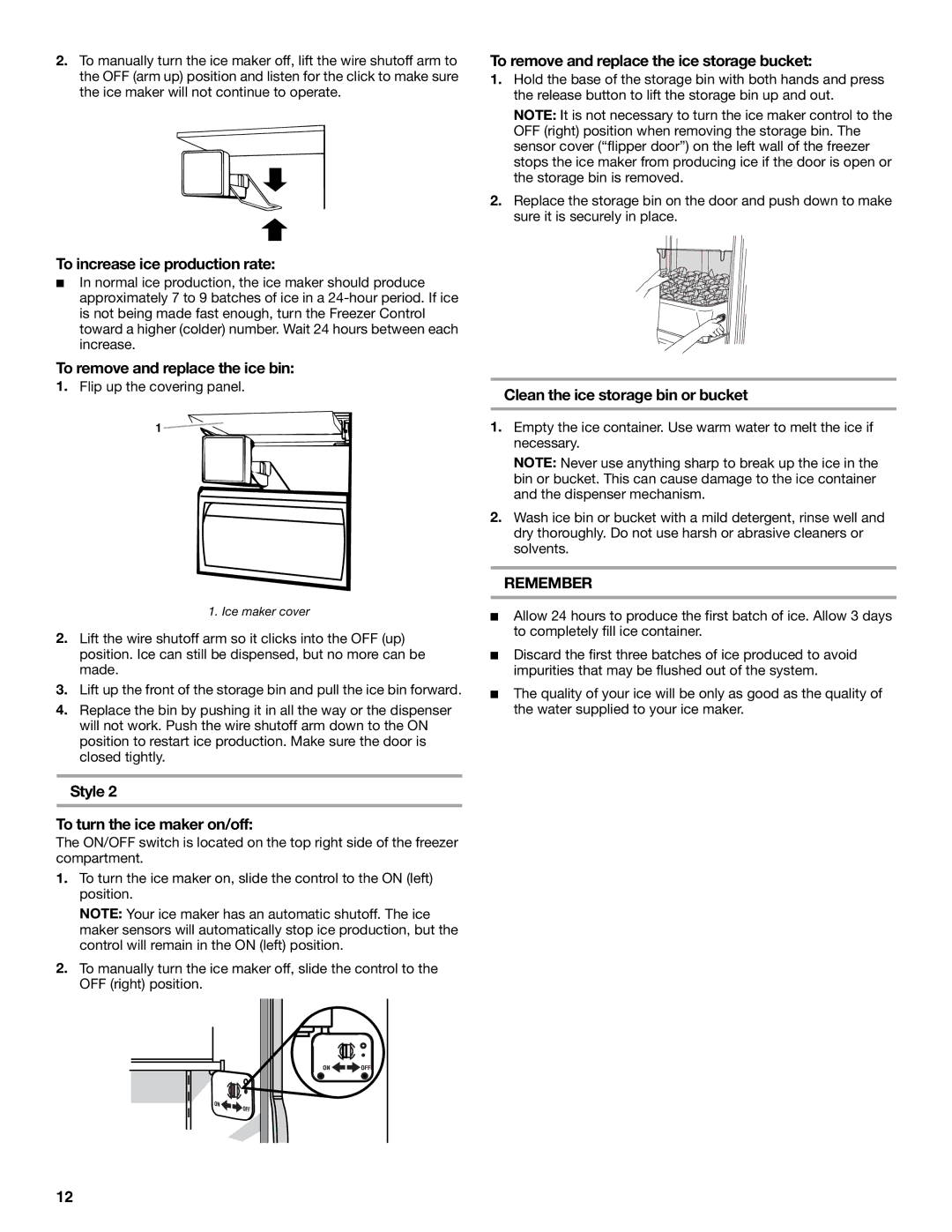 KitchenAid Side-by-Side Referigerator manual To increase ice production rate, To remove and replace the ice bin 