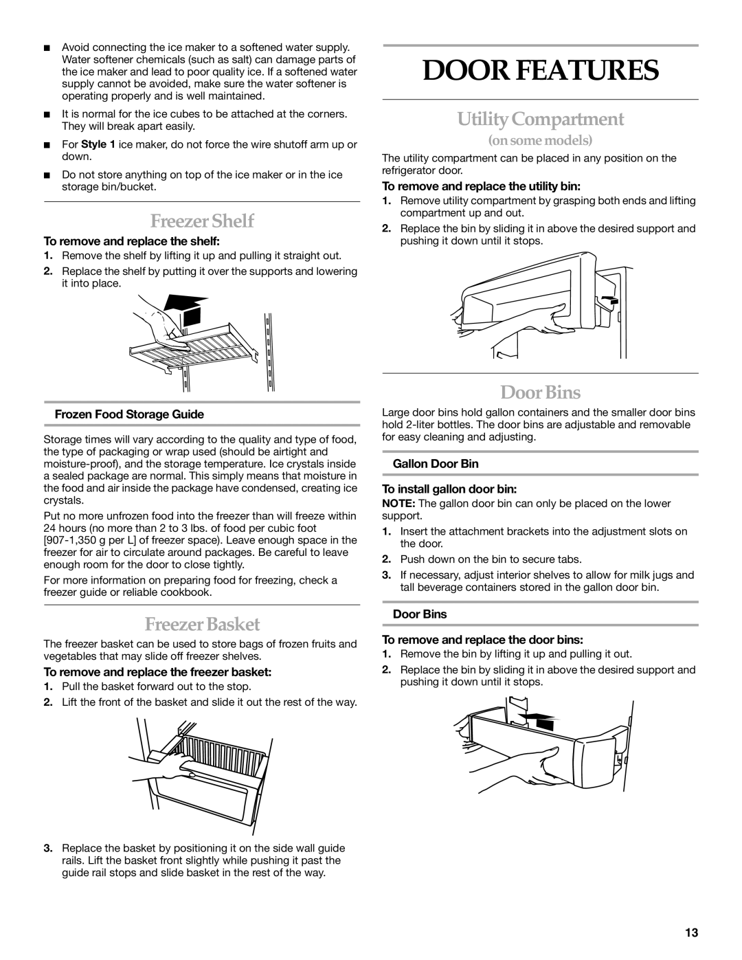 KitchenAid Side-by-Side Referigerator manual Door Features, Freezer Shelf, Freezer Basket, Utility Compartment, Door Bins 