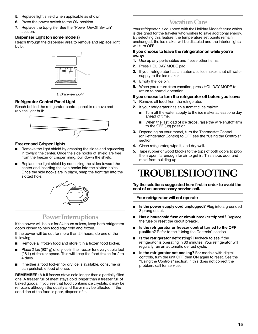 KitchenAid Side-by-Side Referigerator manual Troubleshooting, Power Interruptions, Vacation Care 