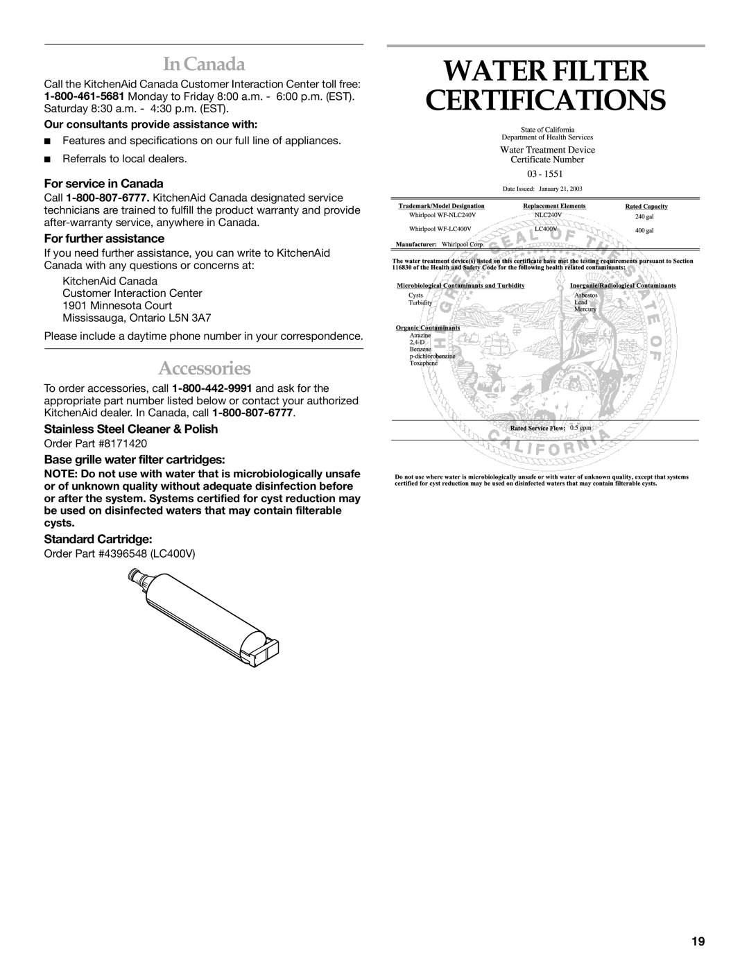 KitchenAid Side-by-Side Referigerator manual Water Filter Certifications, Canada, Accessories 