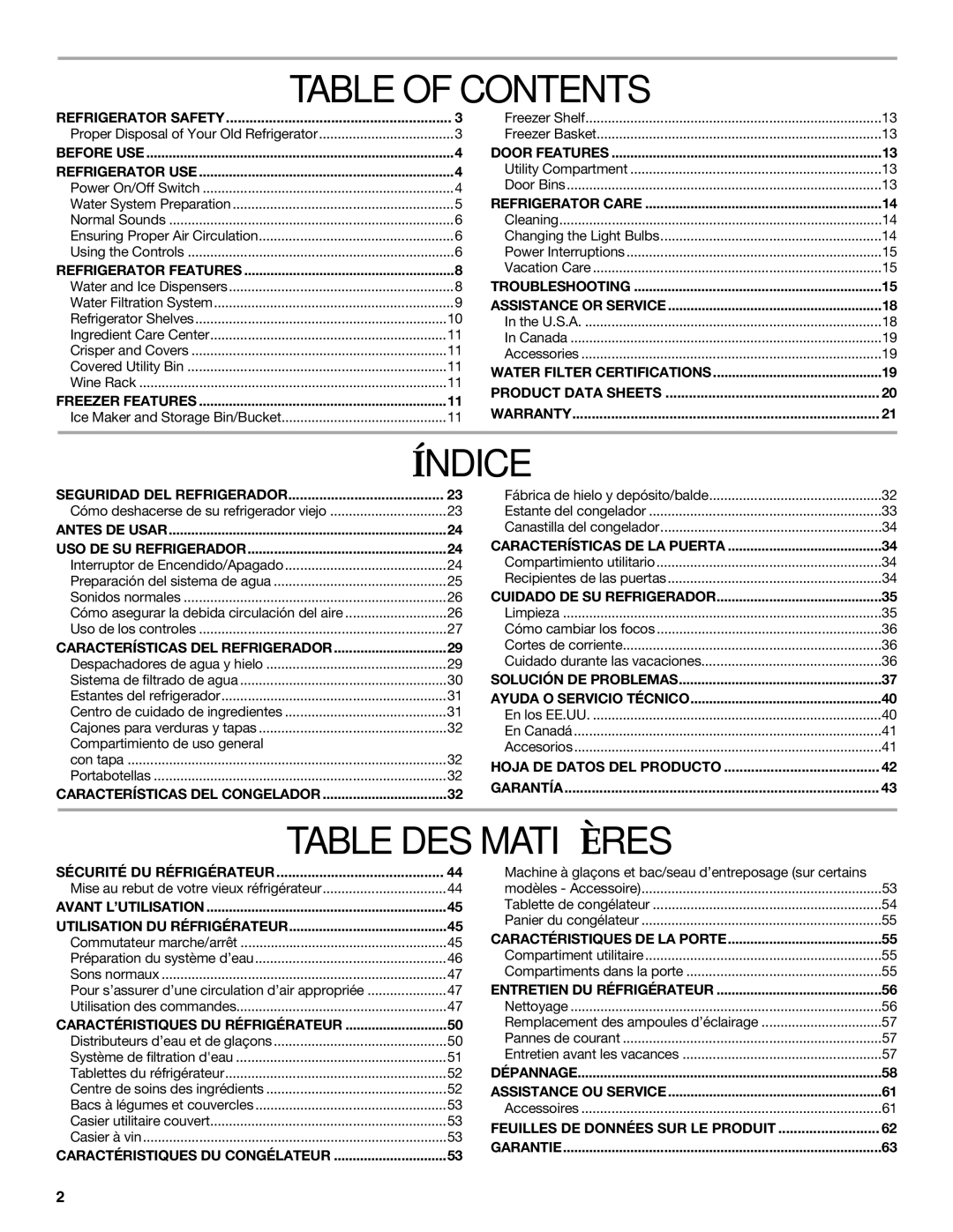KitchenAid Side-by-Side Referigerator manual Table of Contents, Índice, Table DES Matières 
