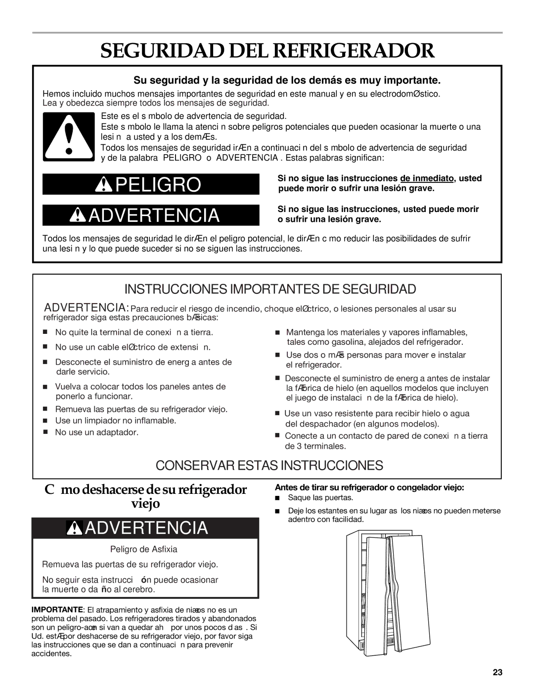 KitchenAid Side-by-Side Referigerator manual Seguridad DEL Refrigerador, Antes de tirar su refrigerador o congelador viejo 