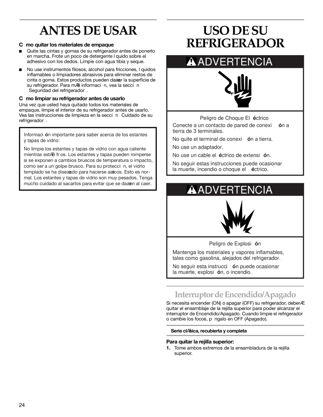 KitchenAid Side-by-Side Referigerator manual Antes DE Usar, USO DE SU Refrigerador, Interruptor de Encendido/Apagado 